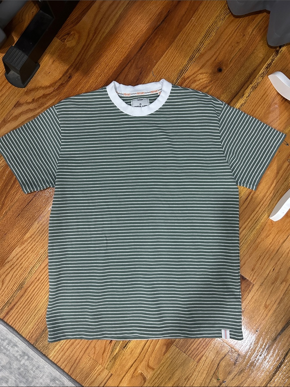 Free Planet Olive Green & White Striped Crew Neck Tee